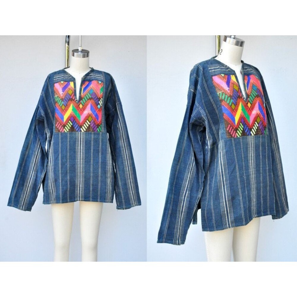 Denim Embroidered Guatemalan Blouse Colorful Boho Hippie Ethnic Woodstock S to L